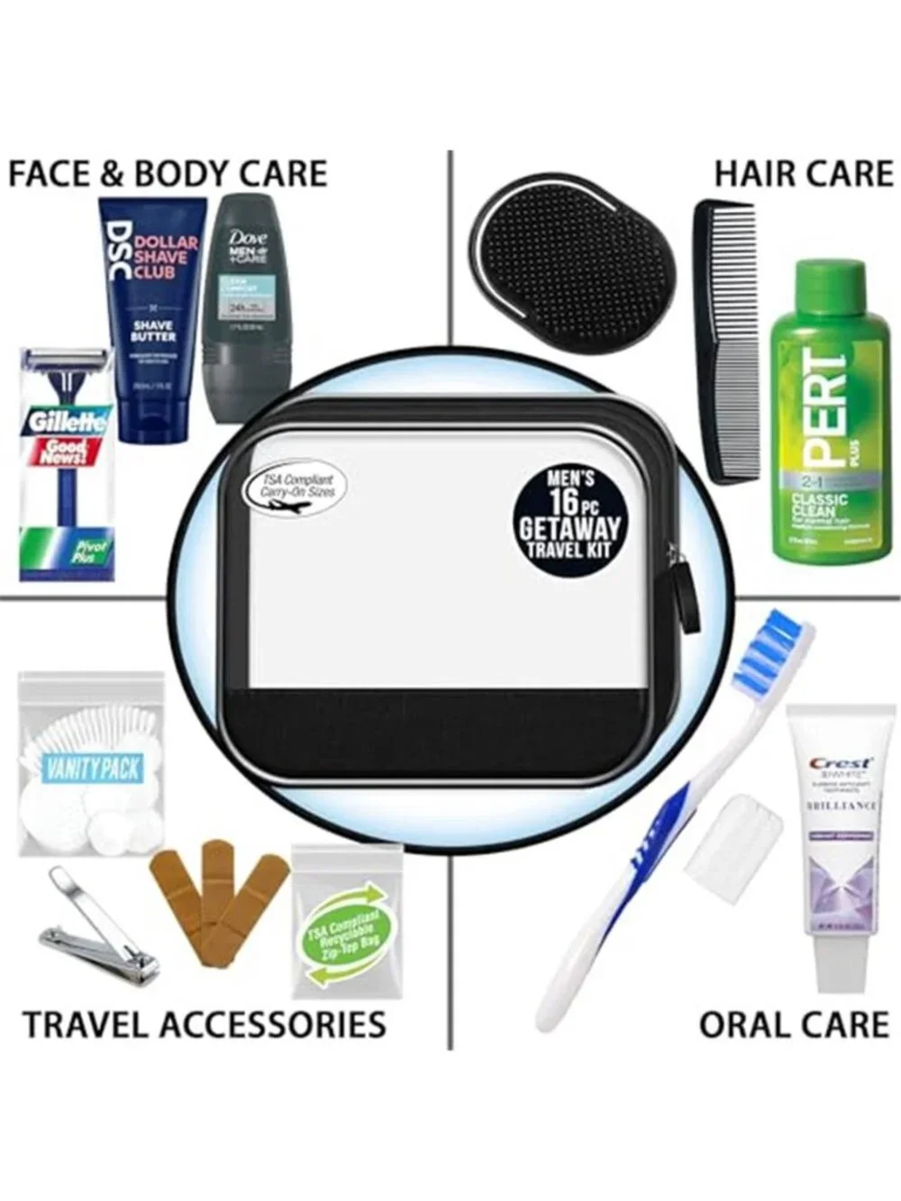 Mens Travel Toiletry Kit TSA Approved Travel Size Hygiene Essentials 16 Piece